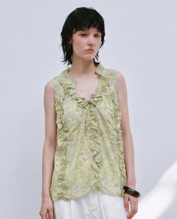 Women's V-neck ruffled tank top with mixed patterns